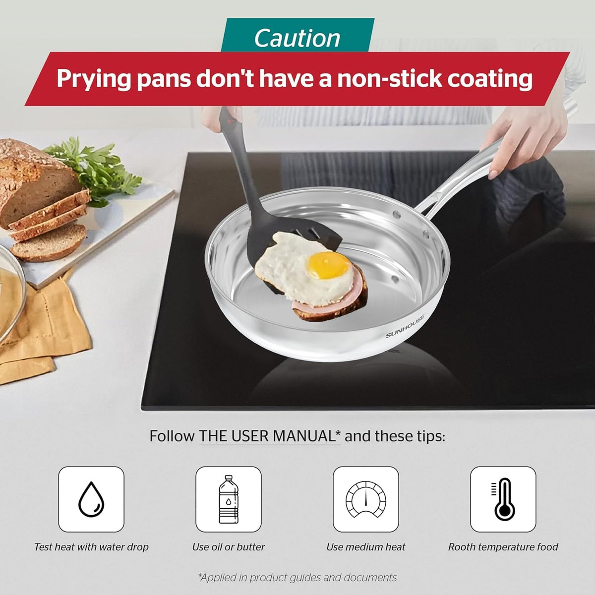 Sunhouse 10 Inch 18/10 Chef Series Stainless Steel Frying Pan, Tri-Ply Stainless Steel Construction, PFOA-FREE, Stay-Cool Handle, Induction Compatible with All Cooktops, Dishwasher Safe