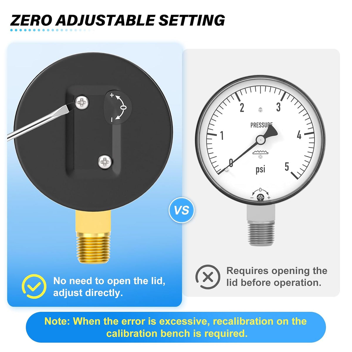 MEANLIN MEASURE 0-30 in H2O Diaphragm Type Capsule Low-Pressure Gauge, Water Column Gauge, 2.6" Dial, 1/4" NPT, Rear Adjustable Knob, with 1/2" NPT and 3/8" NPT Hex Bushing, Lower Mount