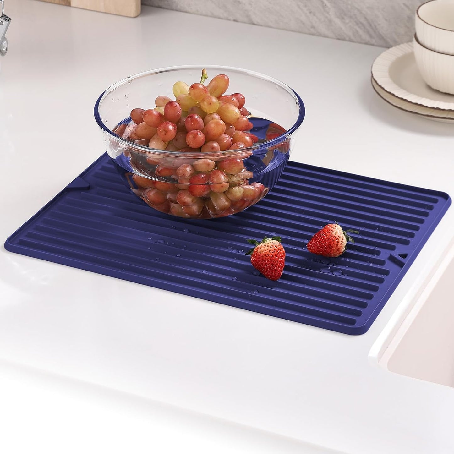 Silicone Dish Drying Mat, Flexible and Thick, 12" x 16", Blue | For Kitchen Counter and Bathroom, Heat Resistant Trivet, Countertop Protector, Non-Toxic, Non-Slip, For Under Dishes Rack
