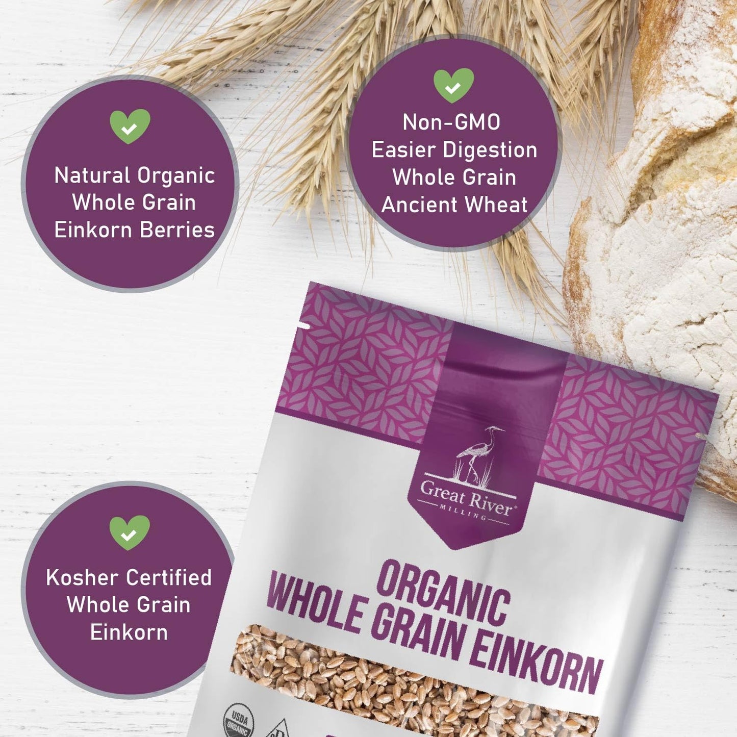 Great River Milling Organic Einkorn Wheat Berries, Ancient Grain, 5 lb | Organic Einkorn Wheat Berries for home-milled flour, bread, sourdough, soups, salads and grain bowls; chewy cooked grain or