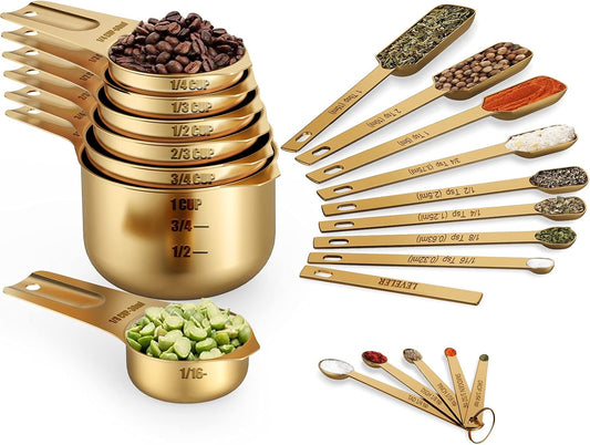 Wildone Copper Plated Measuring Cups & Spoons Set of 21 - Includes 7 Stainless Steel Nesting Measuring Cups, 8 Measuring