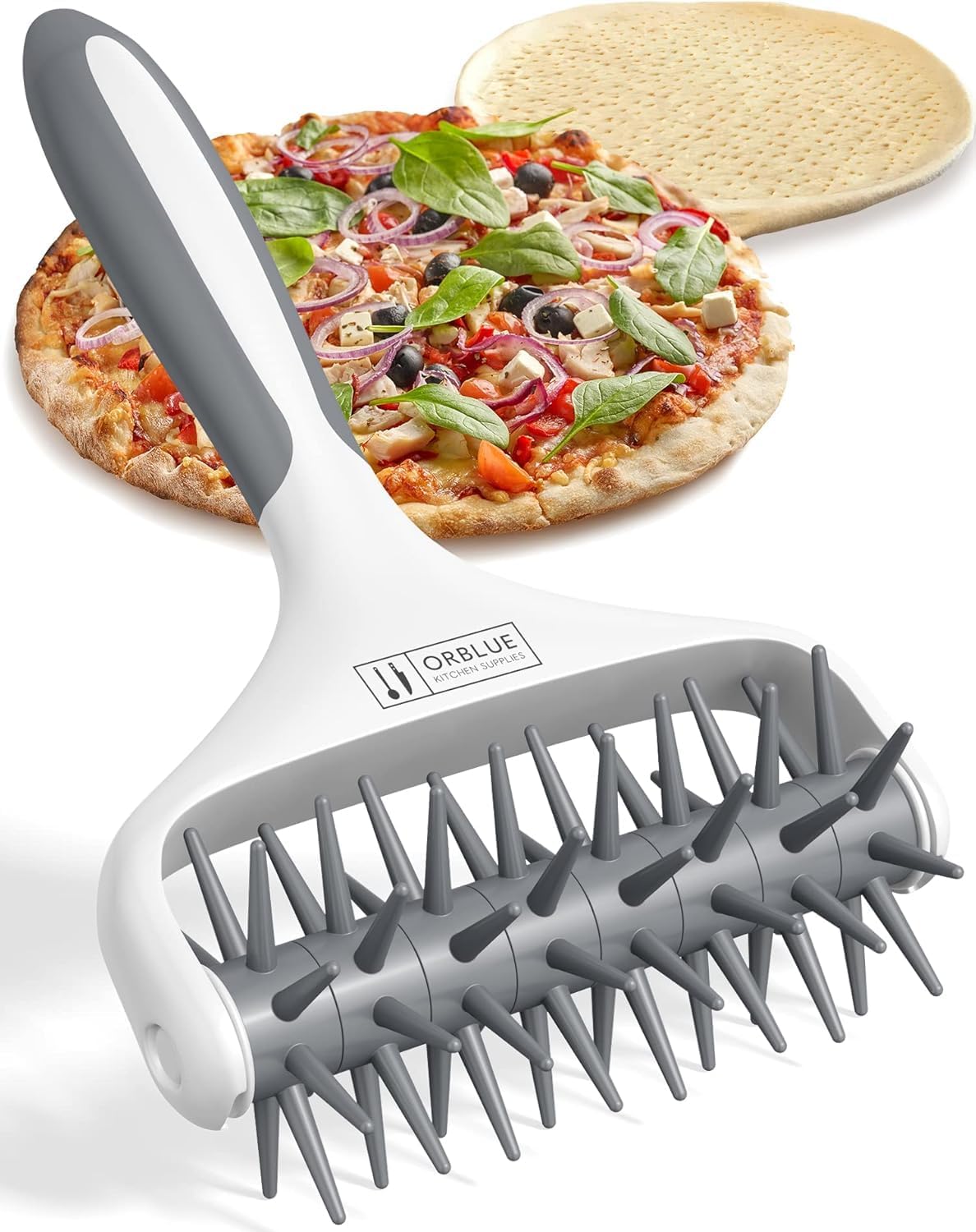 Orblue Pizza Dough Docker, Pastry Roller with Spikes, Pizza Docking Tool for Home & Commercial Kitchen - Pizza Making Accessories that Prevent Dough from Blistering Gray