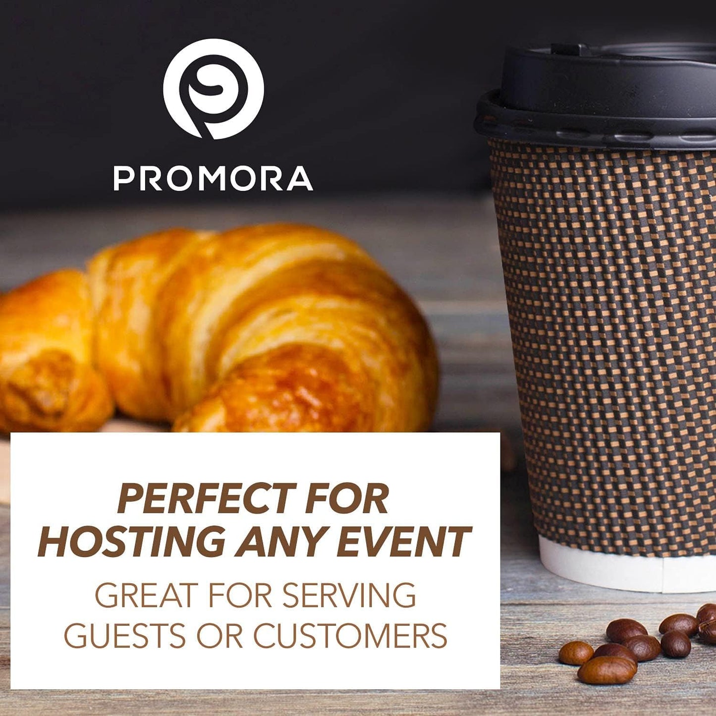 Promora Brown Disposable Coffee Cups With Lids 12 oz, Premium Insulated Paper Ripple Cups for Hot Coffee, Paper Coffee Cup with Lids (80 Pack)