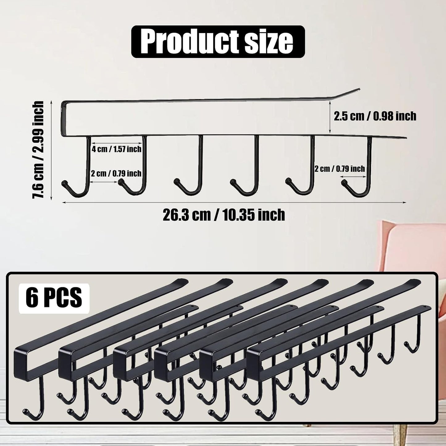 6PCS Mug Hooks Under Cabinet,Mug Holder Under Shelf with 6 Hooks