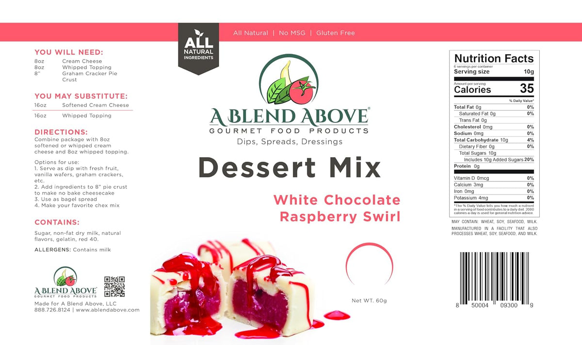 A Blend Above White Chocolate Raspberry Swirl Pie Mix - No-Bake Desserts, All Natural, Gluten Free, No MSG - Instant Dessert Mix, Fruit Dip, Bagel Topping, Frosting, Cheesecake Filling - Makes 16 Oz (Pack of 3)