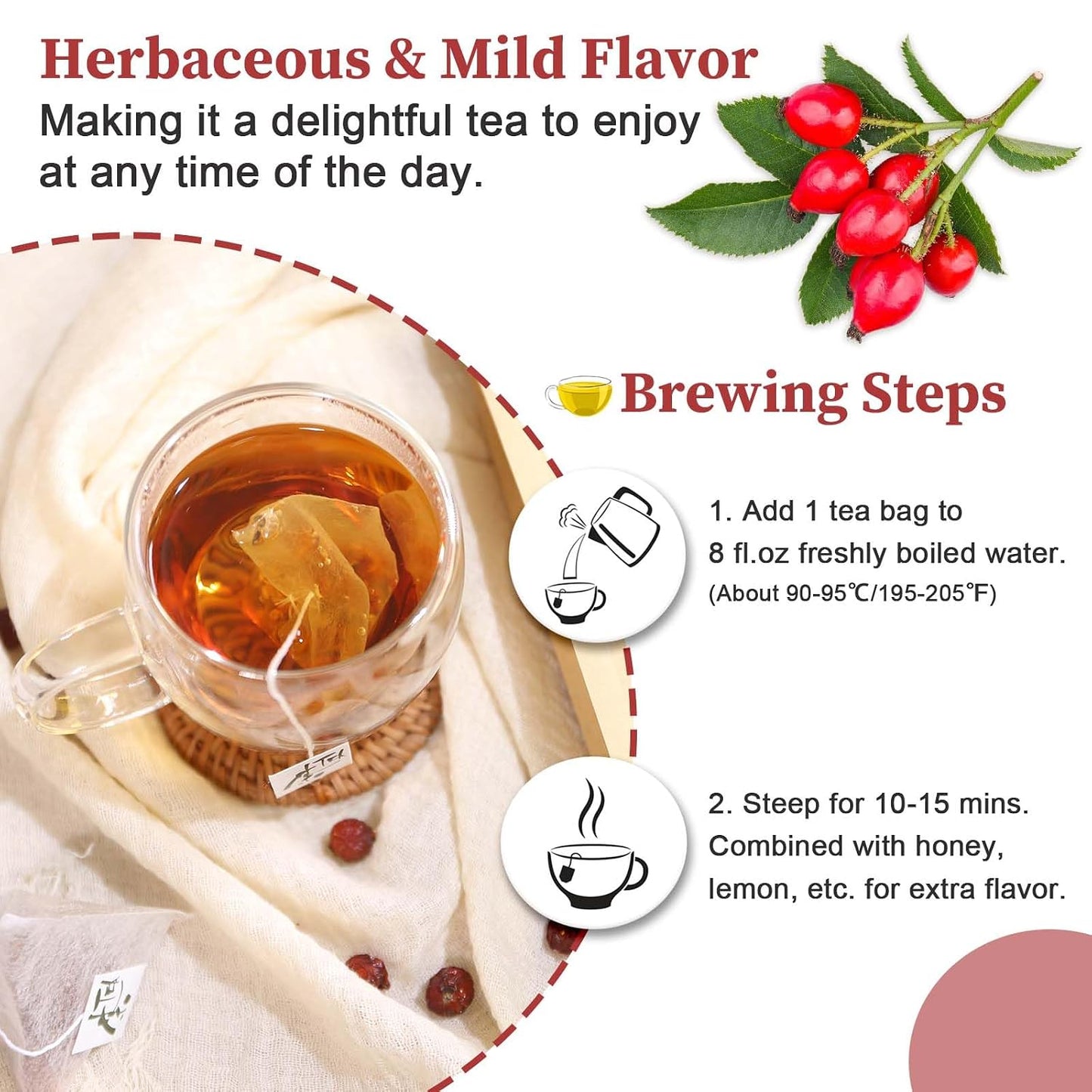 FullChea - Rose Hips Tea Bags, 50 Count, Dried Rose Hips | 100% pure rose hips herbal tea, rich in antioxidants, Non-GMO caffeine-free, easy to brew hot or iced