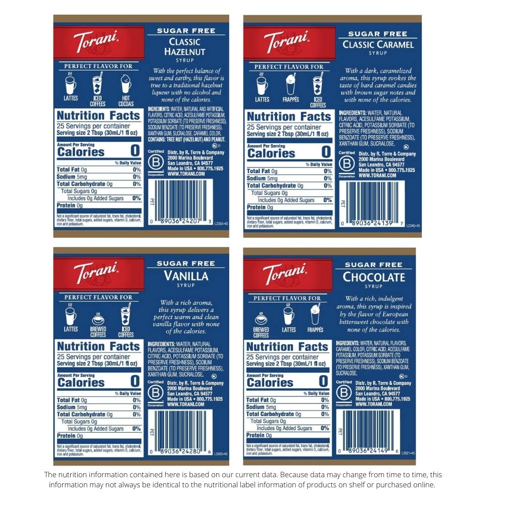Torani Sugar Free Flavored Drink Syrup Café Variety Pack, 25.4 fl oz 4 Pack | Flavors Include Classic Caramel, Vanilla, Classic Hazelnut &amp; Chocolate