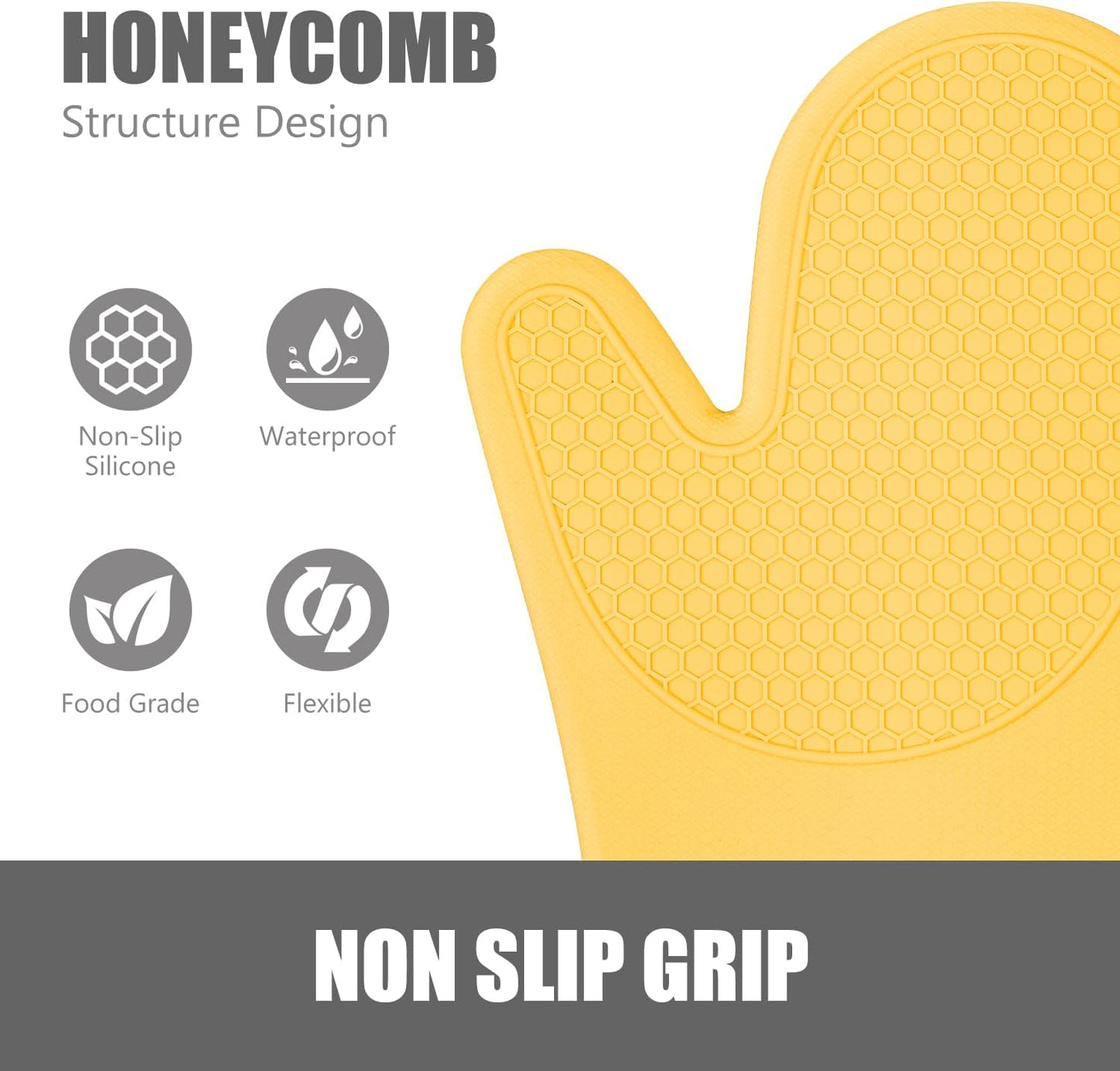 RORECAY Silicone Oven Mitts and Pot Holders Sets, Kitchen Gloves, Yellow | Set of 6 Kitchen Mitts for Baking &amp; Cooking, Heat Resistant 500 ℉, 12.7" Extra Long, Non-Slip &amp; Waterproof, Quilted Cotton