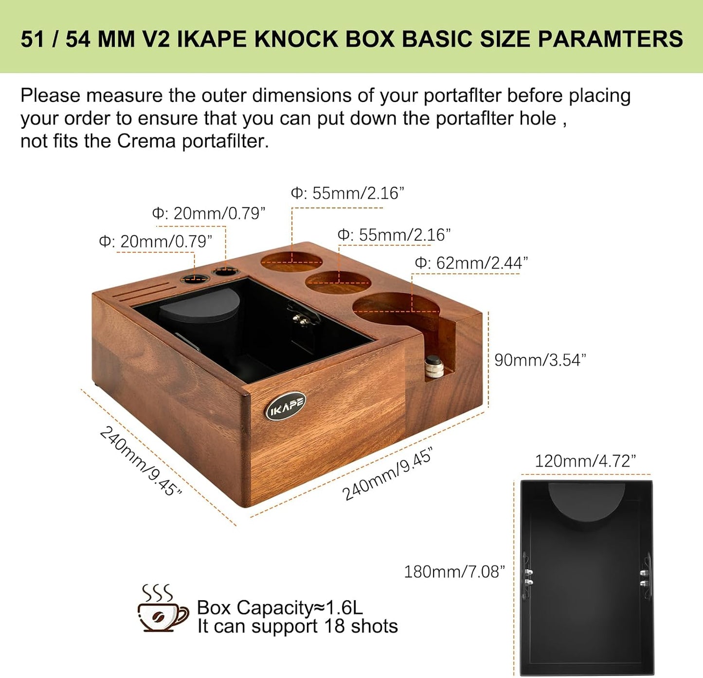 IKAPE V2 Espresso Knock Box, Espresso Coffee Organizer Box Fit for Storage 51mm 53/54mm 58mm Espresso Tamper, Distributor, Portafilter &amp; Puck Screen Accessories, Natural Walnut Station Base (8 IN One)