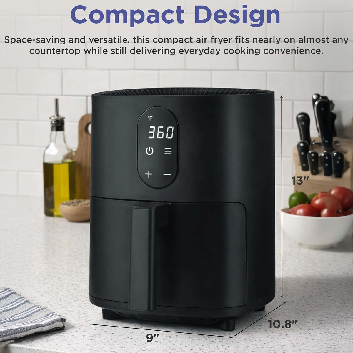 3.2-Quart Electric Air Fryer, Adjustable Temperature, Touch Panel Control, One-Touch Cook Functions, and 360° Rapid Cooking, 1200 Watt Power