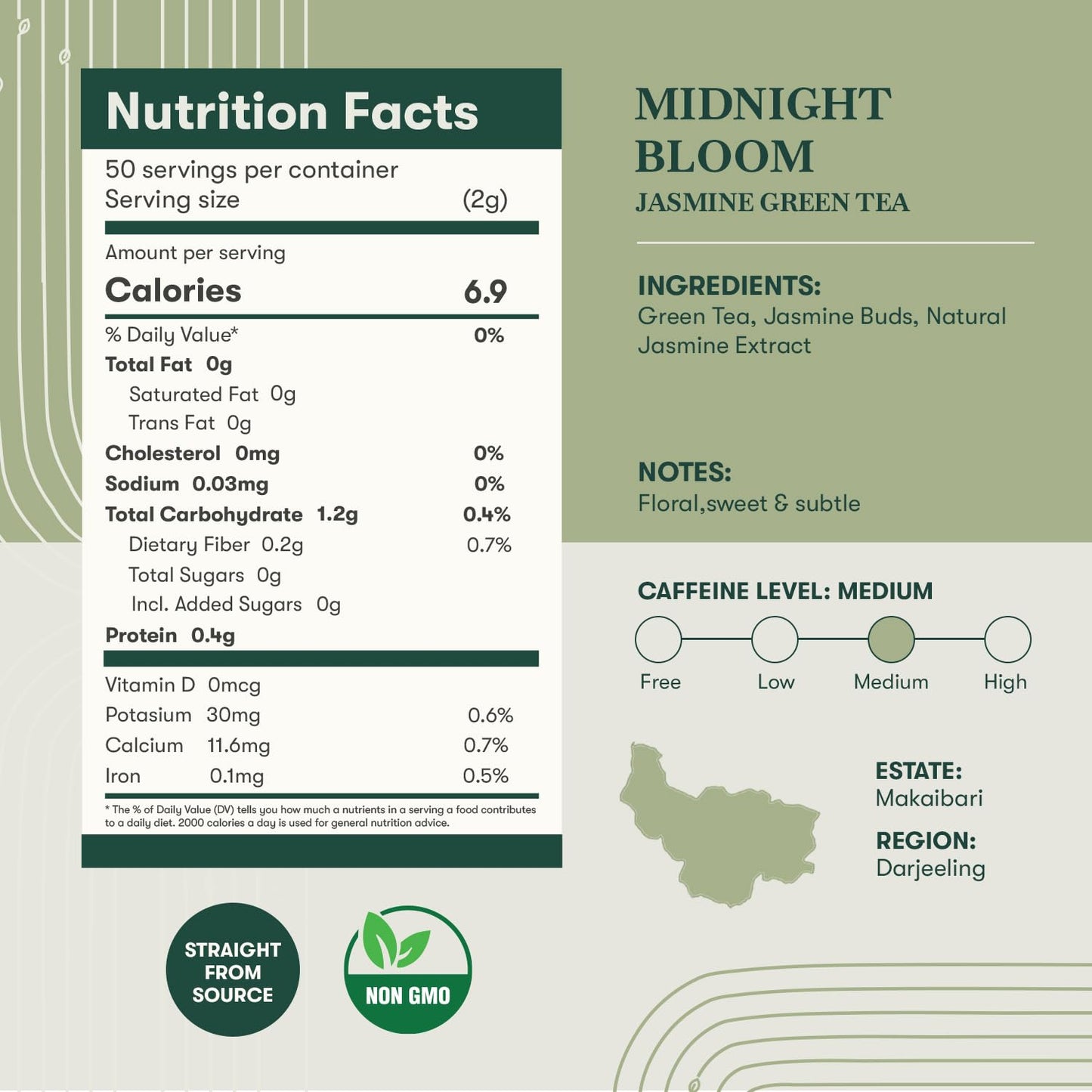 Luxmi Estates Jasmine Green Loose Leaf Tea 100g/3.52oz (50 cups), Midnight Bloom in Tin Caddy