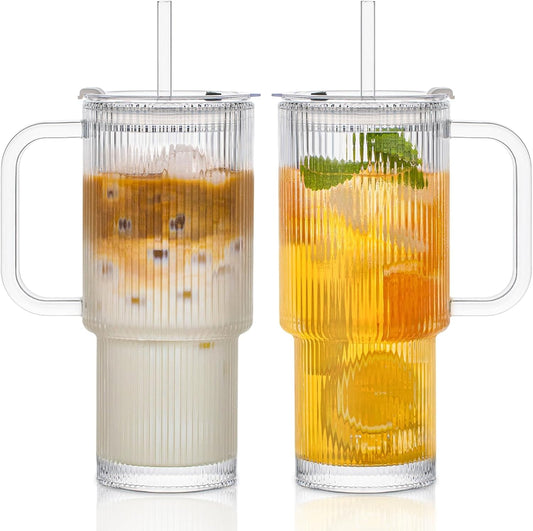 INSETLAN 26oz Ribbed Glass Tumbler with Handle & Lid – 2-Pack Large Iced Coffee Cups with Straws, Modern Glass Mug for Cold