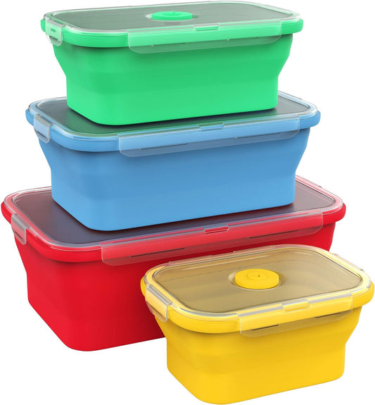 Vremi Silicone Food Storage Containers with BPA Free Airtight Plastic Lids - Set of 4 Small and Large Collapsible Meal Prep