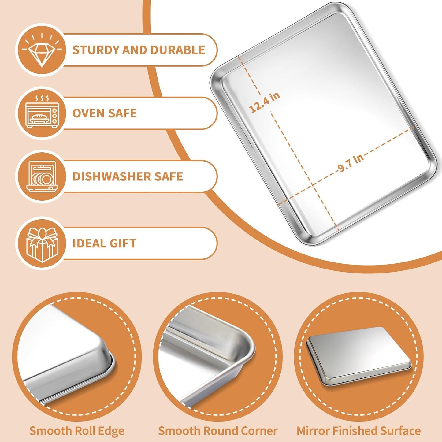 Stainless Steel Baking Sheet Set of 2, Deedro Cookie Sheet Metal Baking Pan Oven Tray, Non Toxic &amp; Heavy Duty, Rust Free &amp; Mirror Finish, Easy Clean &amp; Dishwasher Safe, 12 x 10 x 1 Inch