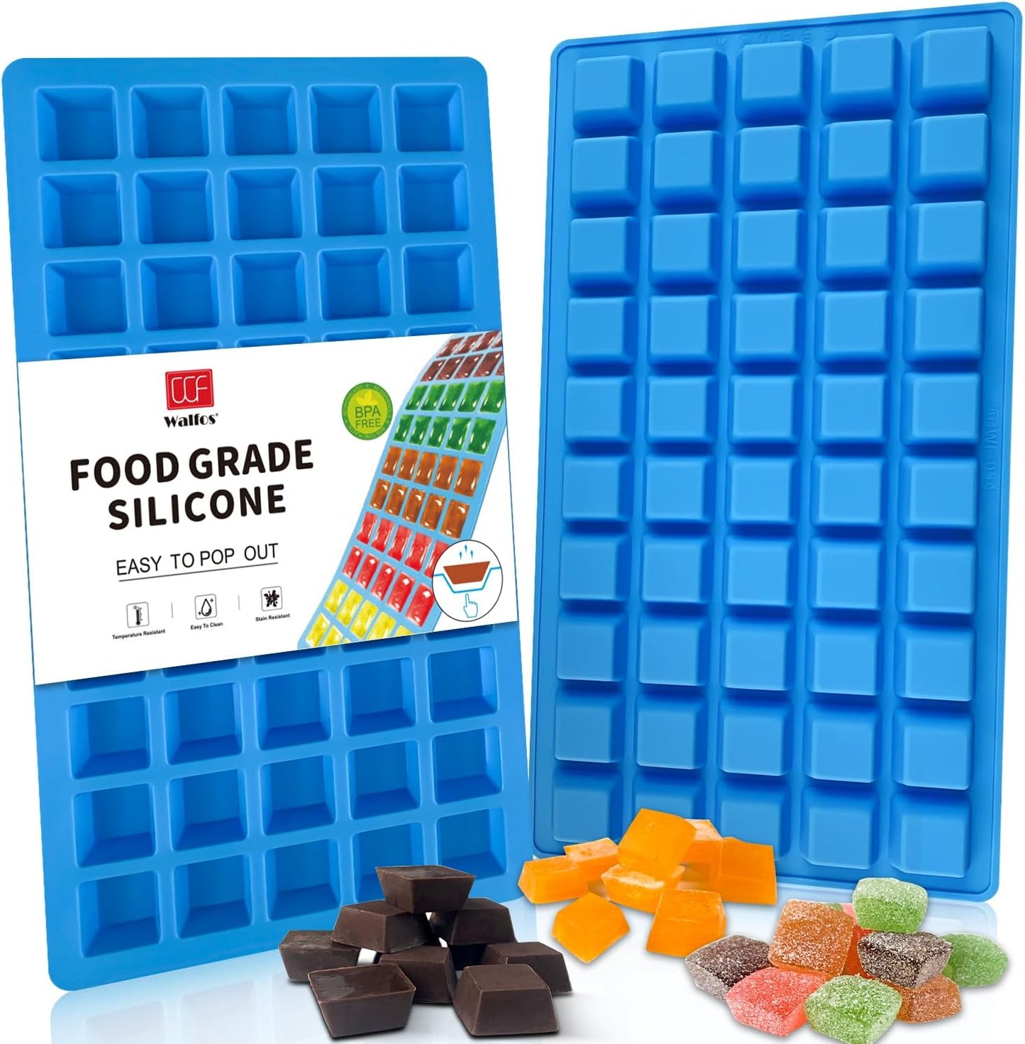 Mini Square-Terrace Silicone Chocolate Molds 50 Cavities - Walfos Non Stick Silicone Candy Molds, Silicone Molds for Chocolate, Candy, Gummy, Jelly, Ice Cubes, Food Grade &amp; Dishwasher Safe, 2 Packs