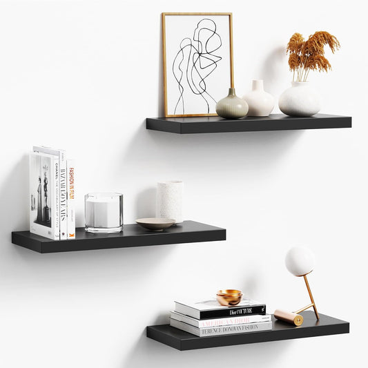 Floating Shelves Set of 3, Black Wood Wall Mounted Shelf 16" for Kitchen, Living Room, Bedroom, Bathroom Storage, Book