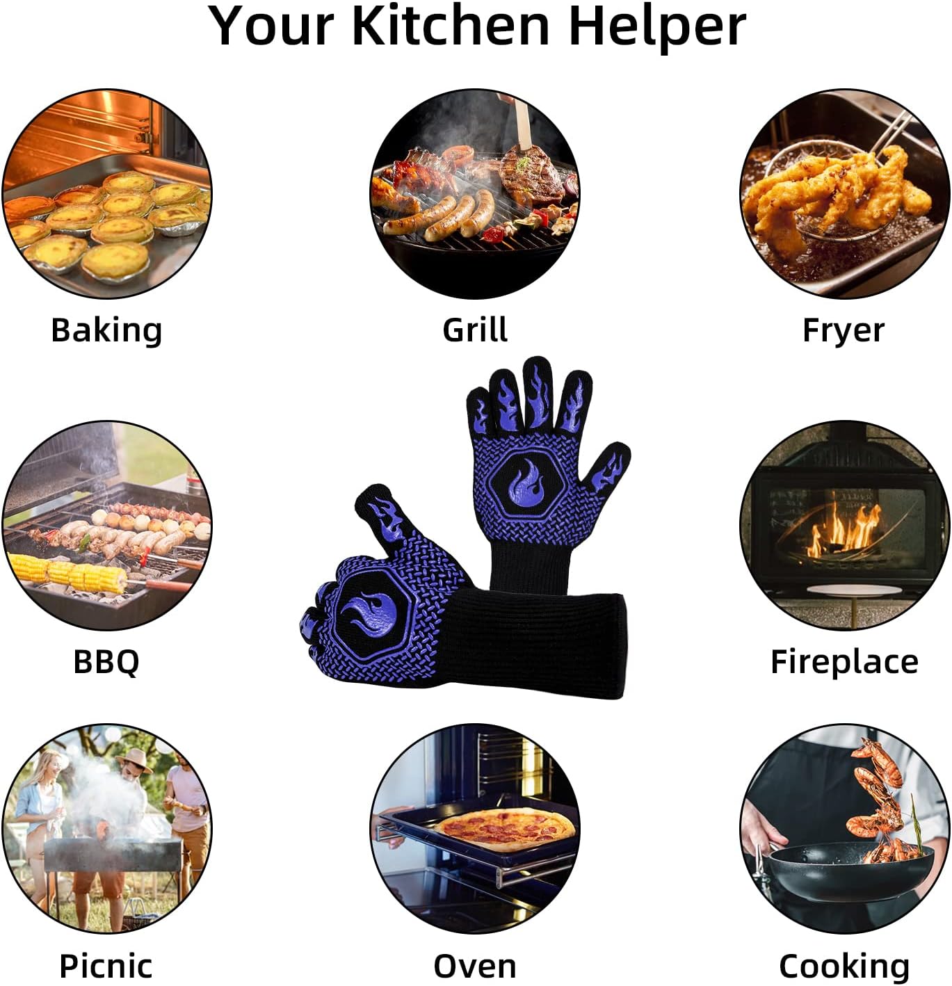 BBQ Gloves 1472F Heat Resistant Non-Slip Silicone 13.5in (Blue) | Grill Cut-Resistant, Oven Kitchen Safe for Barbecue, Cooking, Frying