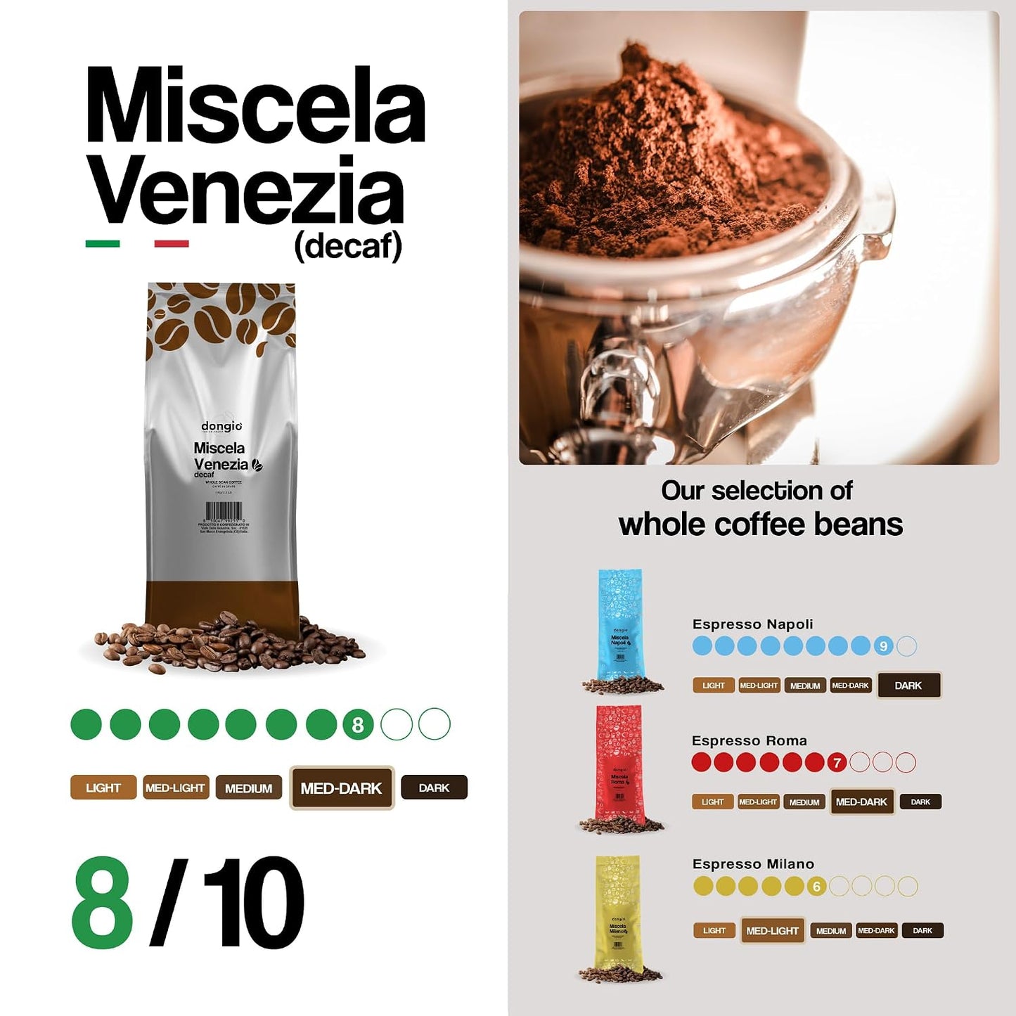 Dongio Caffe Venezia Blend Decaf Whole Bean Coffee, Medium-Dark Roast, 2.2 lb Bag, Roasted in Italy, CO2 Naturally Decaffeinated Italian Coffee Beans with Cocoa &amp; Spice Notes
