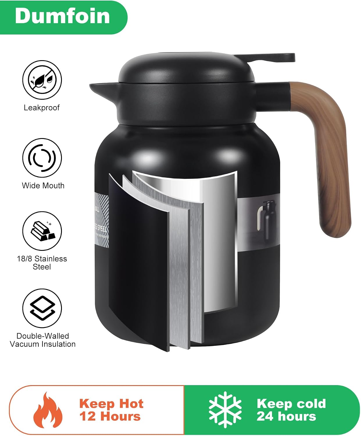45 Oz Thermal Coffee Carafe, Stainless Steel Insulated Vacuum Coffee Carafes For Keeping Hot, 1.3 Liter Beverage Dispenser (Black)
