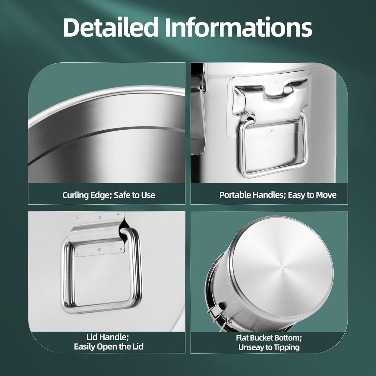 PERFERATE 304 Stainless Steel Container 21L Airtight Food Storage Container with Lids &amp; Locking Clips Stainless Steel Bucket for Kitchen, Grain, Flour, Coffee Bean, Dog Food (21L)
