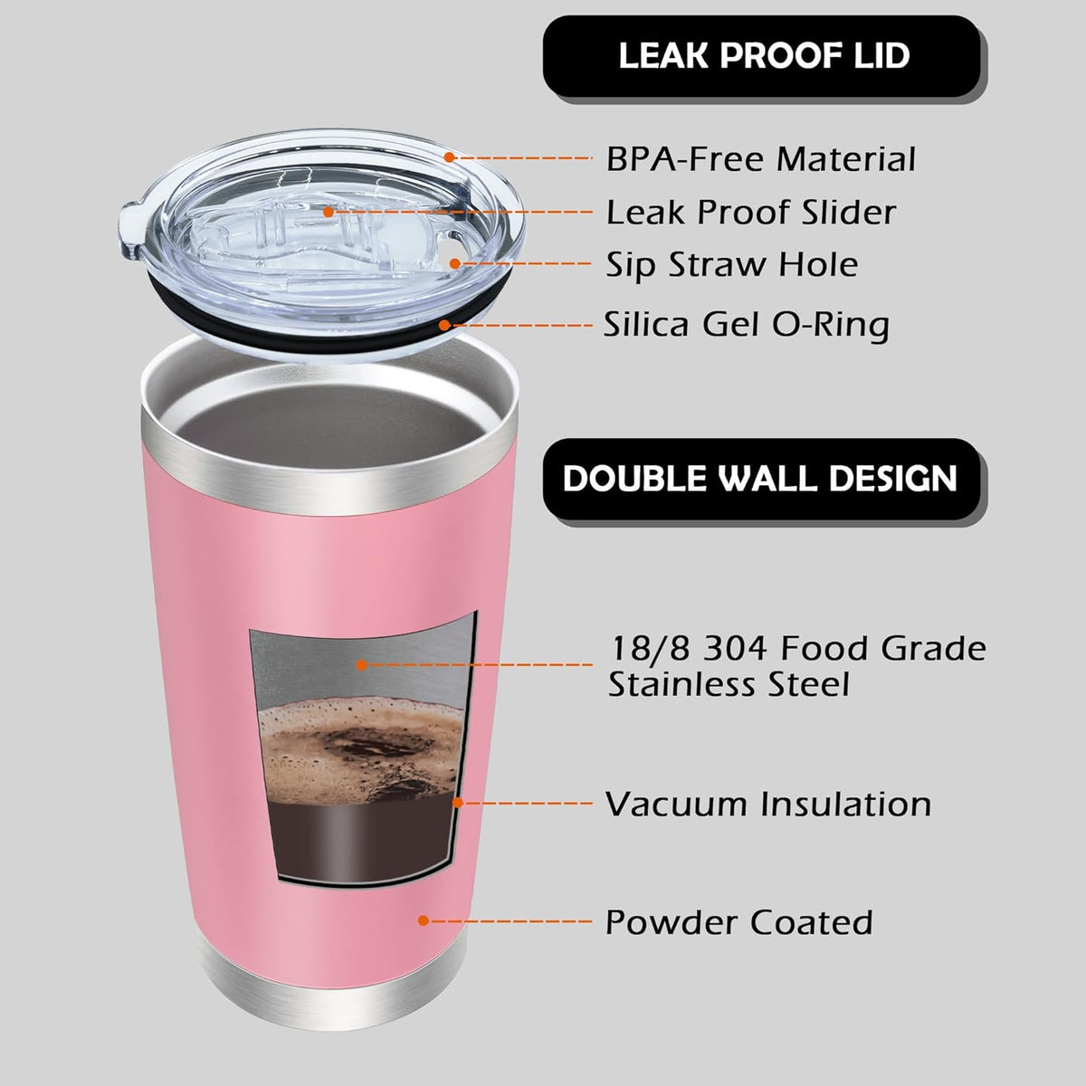 20oz Tumbler Bulk Stainless Steel Tumblers with Lid Vacuum Insulated Double Wall Travel Coffee Mug Powder Coated Tumbler Cup for Hot and Cold Drinks(Pink, 6 pack)
