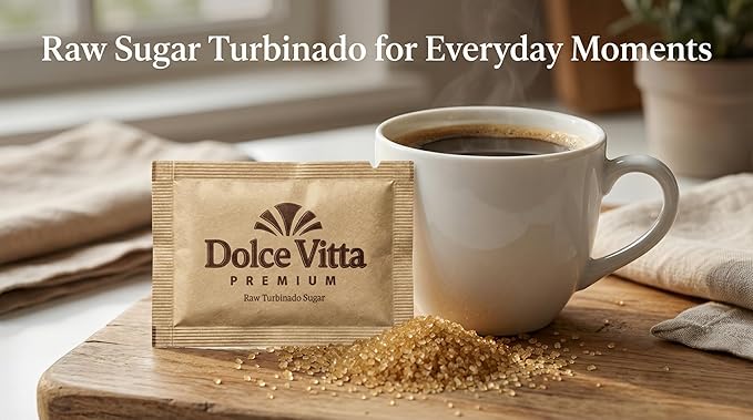 Raw Sugar Dolce Vitta Premium, (400 Ct Box) - Raw Sugar Turbinado Cane Sugar Packets, Pure, All-Natural Turbinado Sugar, Sugar Pure Cane, Non-GMO Project Verified, Kosher, Vegan and Gluten Free.