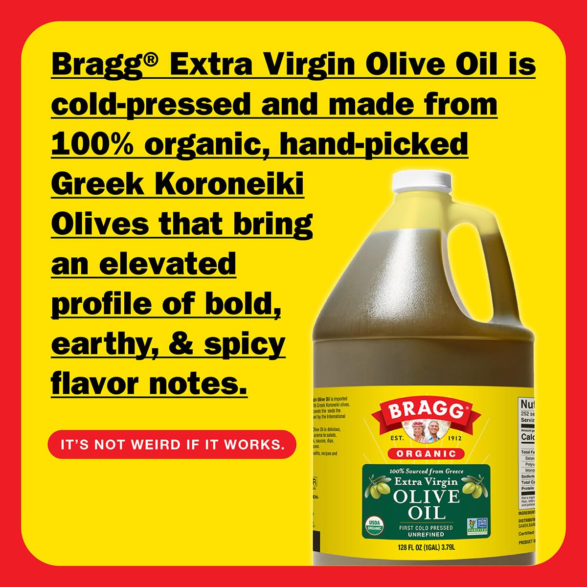 Bragg Organic Extra Virgin Olive Oil – Made with Greek Koroneiki Olives – Cold Pressed EVOO for Marinades &amp; Vinaigrettes – USDA Certified, Non-GMO, Kosher (128 Ounce) | USDA certified, non-GMO, kosher, rich in polyphenols, robust peppery finish, ideal