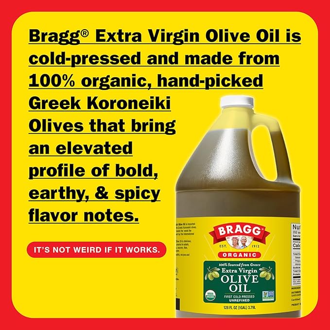 Bragg Organic Extra Virgin Olive Oil – Made with Greek Koroneiki Olives – Cold Pressed EVOO for Marinades & Vinaigrettes – USDA Certified, Non-GMO, Kosher (128 fluid Ounce)