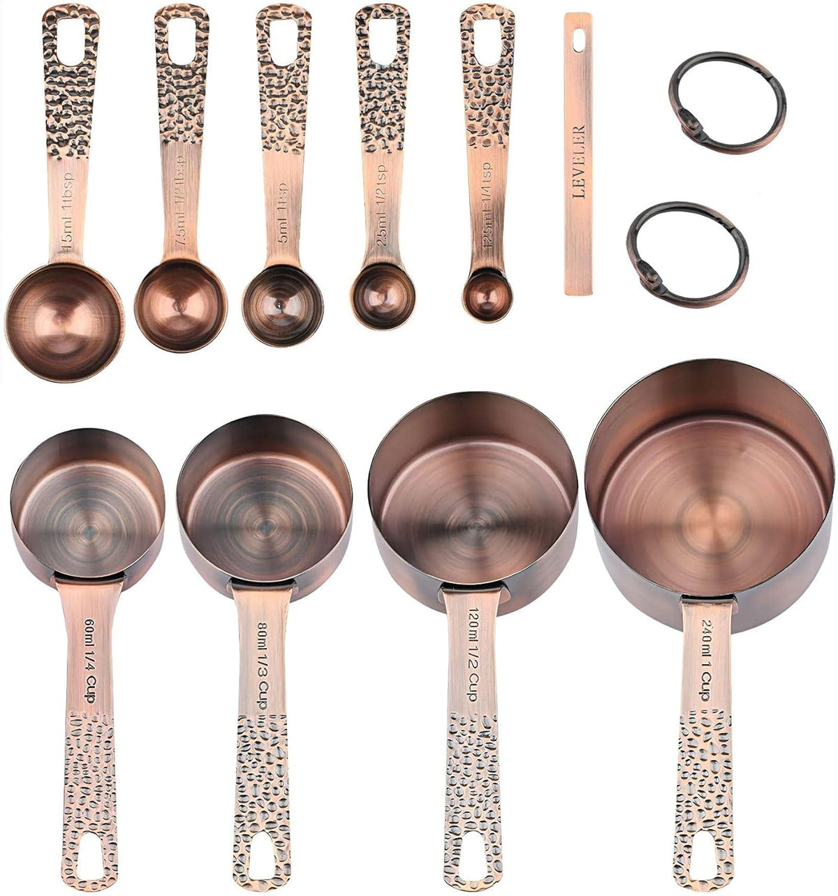 Copper Measuring Cups and Spoons Set, Stainless Steel Measuring Tools Set for Baking & Kitchen, Metric & US 4 Copper Plated MeasureCups and 5 Measure Spoons with Leveler for Wet & Dry