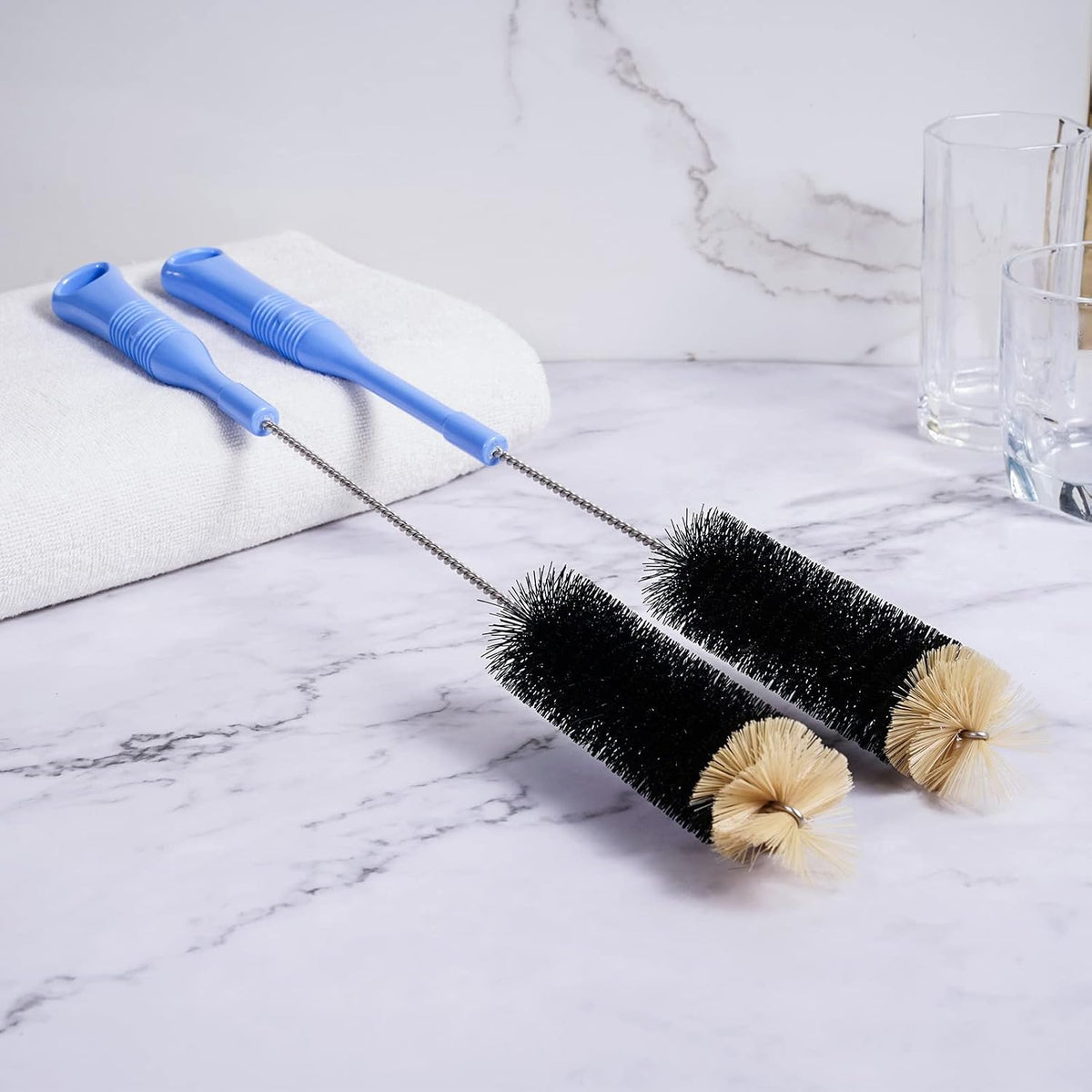 MOSOLAN Long Handle Bottle Brush, 17 Inch Bottle Brush Cleaner, 2 Pack | Extra Long Flexible Bendable Cleaner for Washing Narrow Neck Bottles, Wine Decanter, Kombucha, Pipes, Beer Brewing Supplies