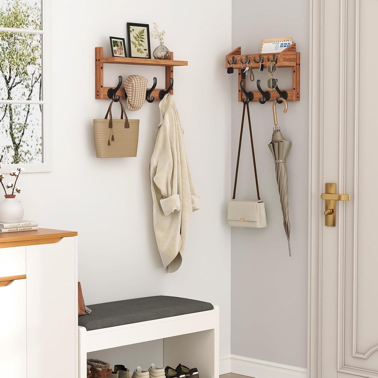 Evermagin 29" Coat Rack Wall Mount with Shelf &amp; 11 Hooks, Entryway, Brown