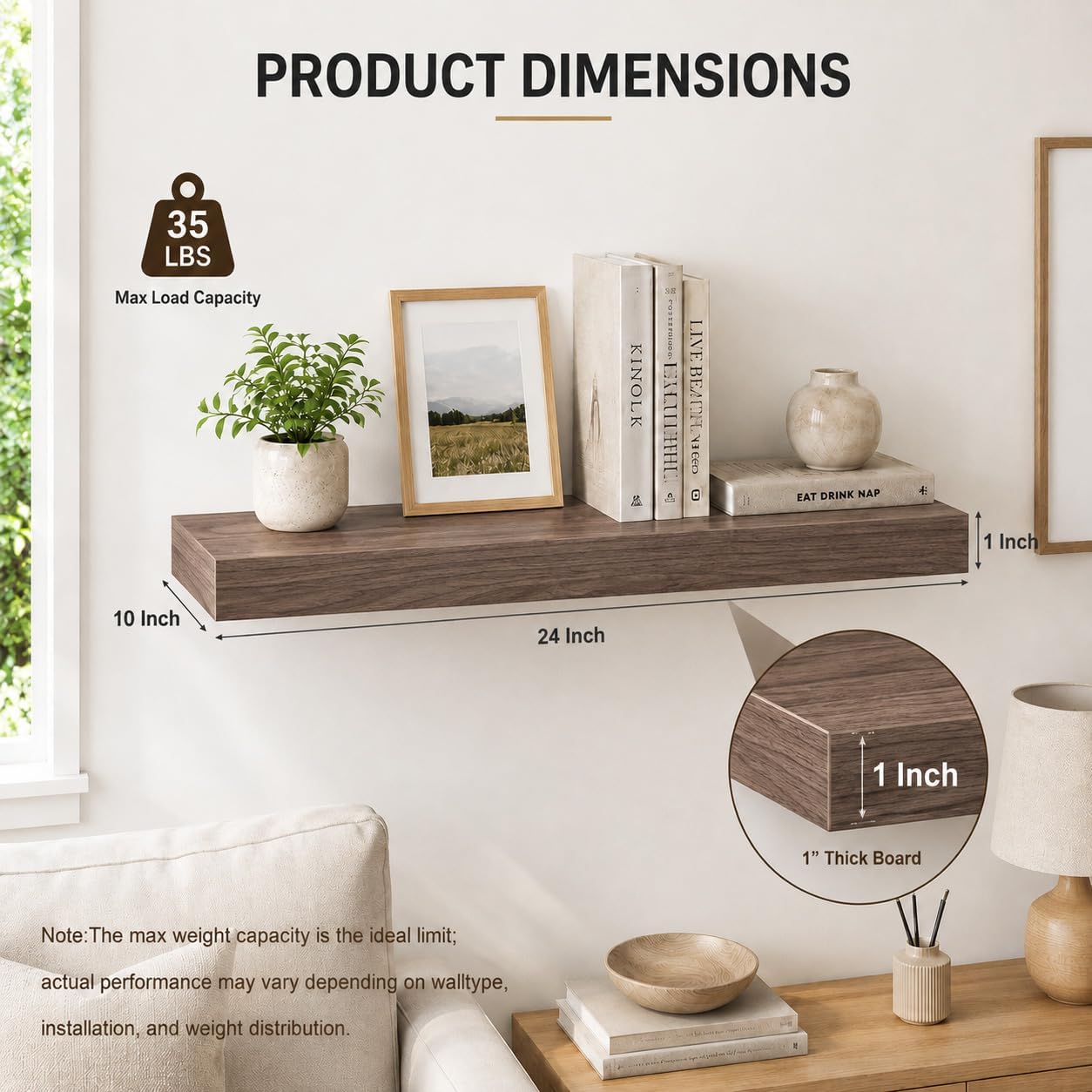 Floating Shelf, Set of 2 Wall Shelf, 24 in W x 10 in D x 1 in H Wooden Floating Wall Shelf with Invisible Brackets for Living Room/Bedroom/Bathroom/Kitchen Storage and Decor, Walnut