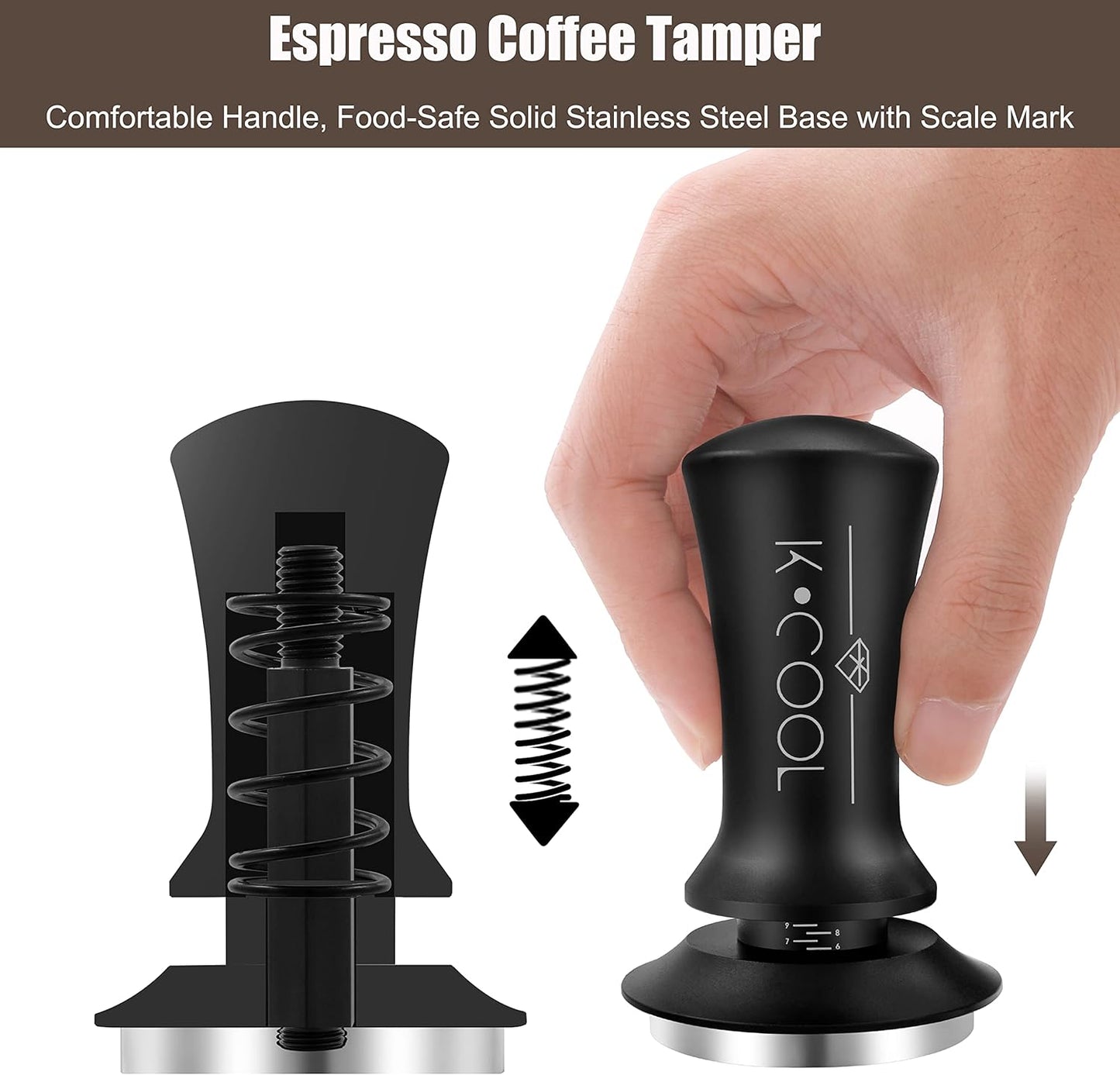 K COO Espresso Tamper, Premium Barista Tools Coffee Tamper with Calibrated Spring 30lb, 100% Stainless Steel Flat Base Tamper with Scale Mark Fits for Breville 54mm Portafilter Basket (53mm, Black)