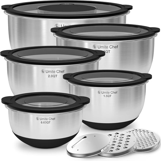 Mixing Bowls with Lids Set - Non-Slip, Airtight Warp-Proof TPR-AS Lids, Thicker Stainless Steel Bowls, Measurement Lines & 3