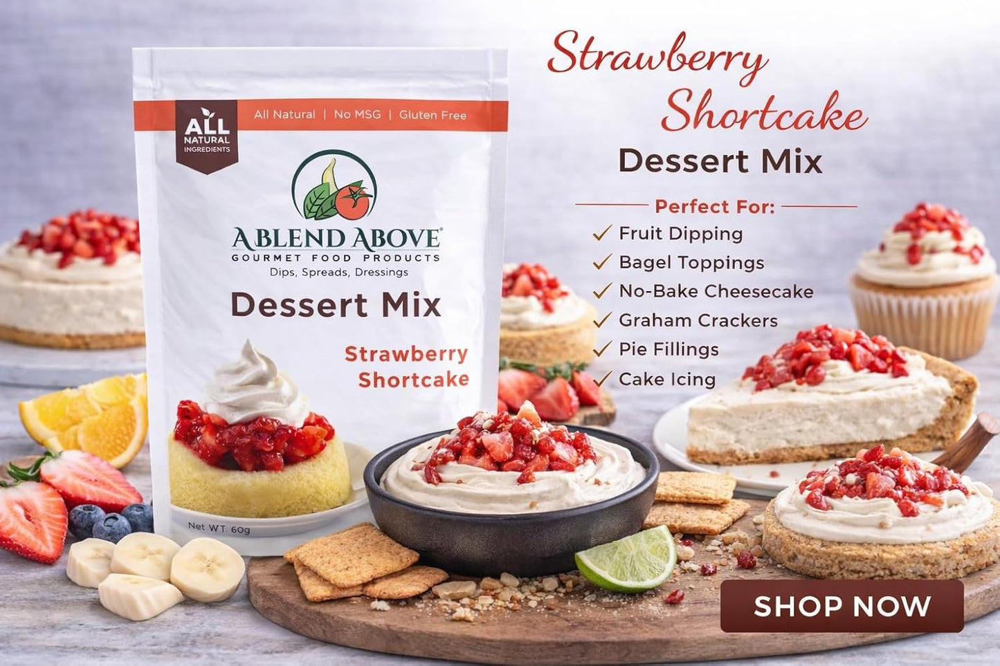 A Blend Above Strawberry Shortcake No-Bake Dessert Mix, 3 Pack, No-Bake Cheesecake, Fruit Dip, Dessert Mix, Bagel Topping, Frosting, Cheesecake Filling, Quick and Easy to Make, Makes 16 Ounces, Cream