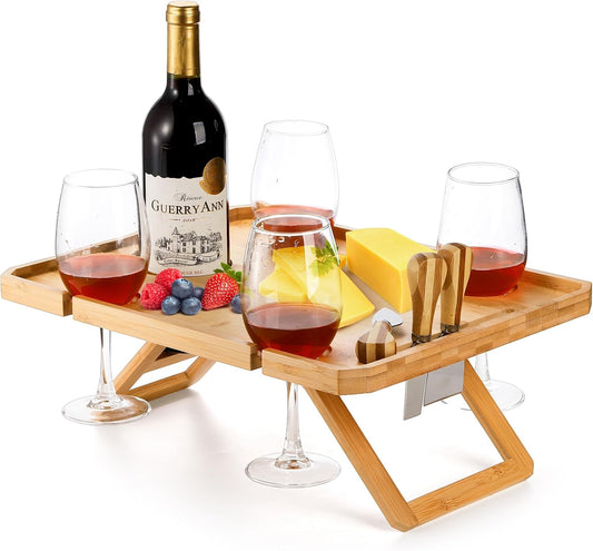 Kingrol Bamboo Picnic Wine Table, Foldable Outdoor Snack Table with Bottle Holder, 4 Glass Slots and Knife Slot, 16.1 x