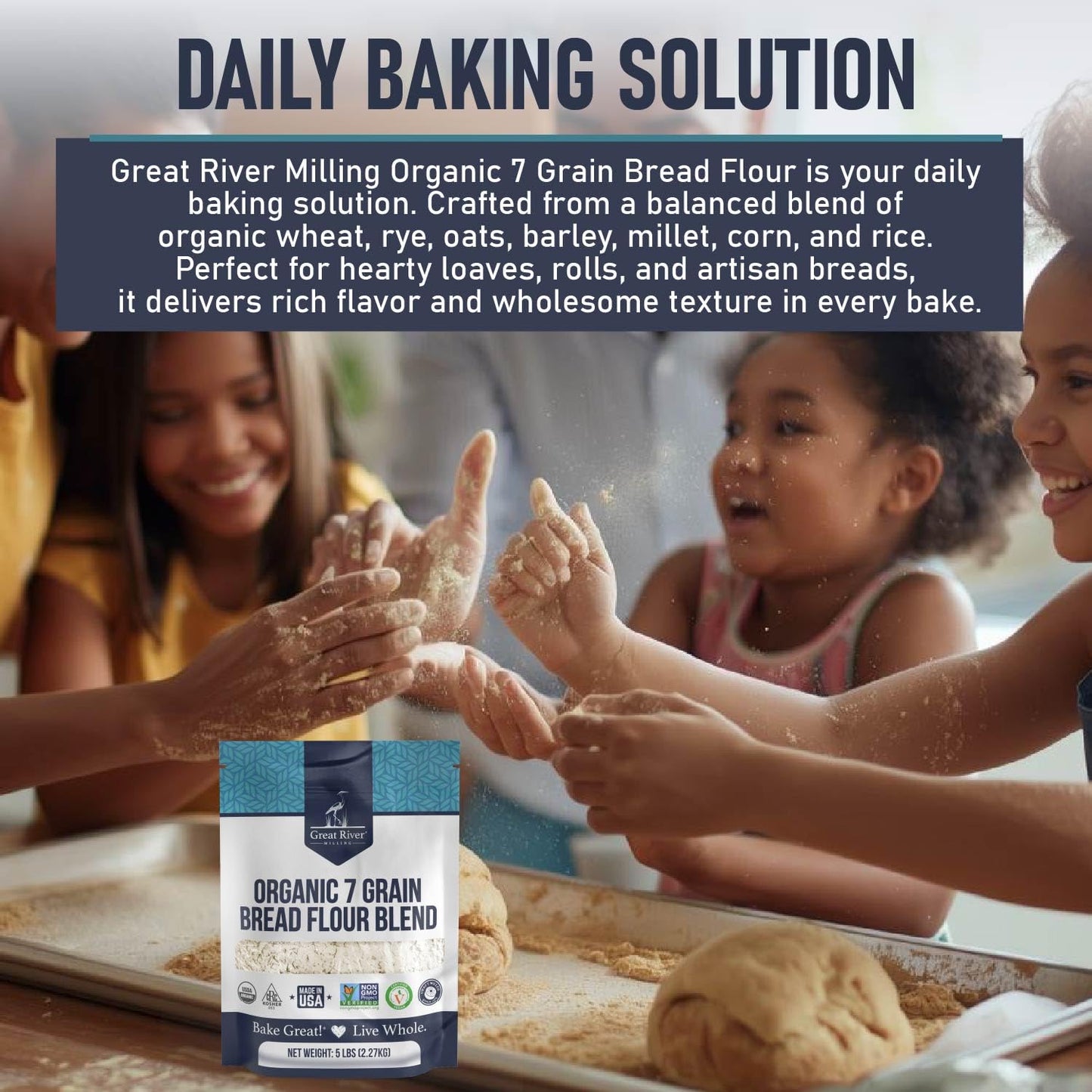 Great River Milling Organic 7 Grain Bread Flour, 5 lb | Organic 7 Grain Bread Flour with wheat, rye, oats, corn, barley, millet and flaxseed for breads, rolls and multigrain baking