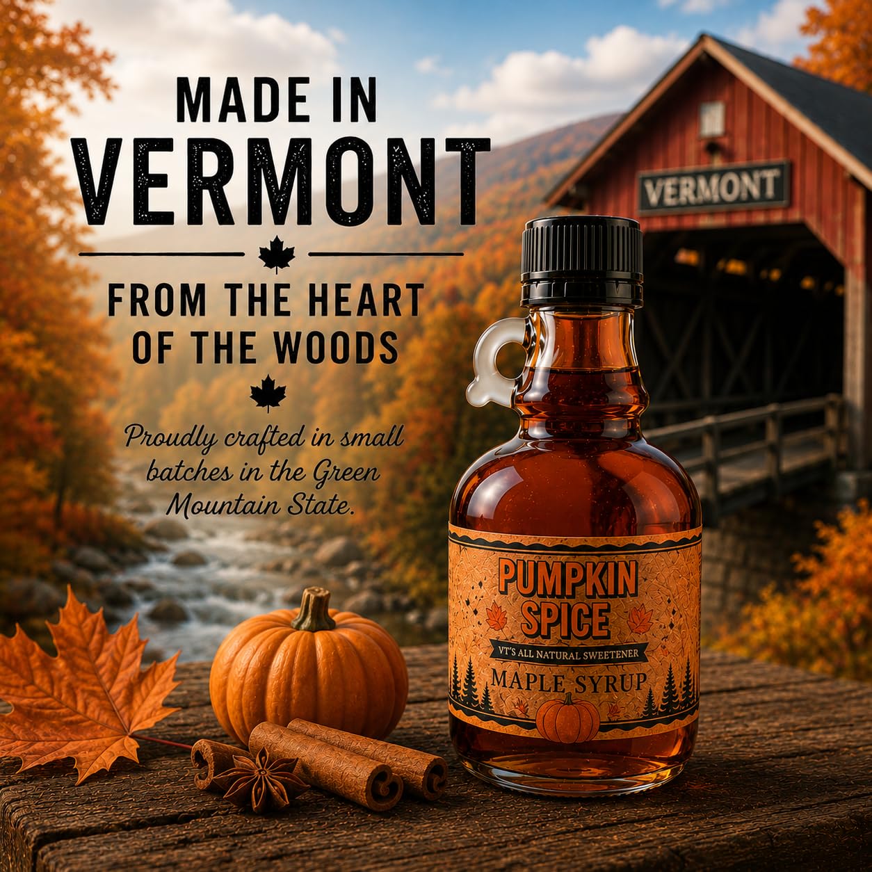 WOOD'S Pumpkin Spice Maple Syrup – Small-Batch Vermont Maple Syrup Infused with Cozy Fall Spices | Natural, Vegan Sweetener for Coffee, Pancakes, Baking &amp; More | 8.45 Fl Oz (250mL)