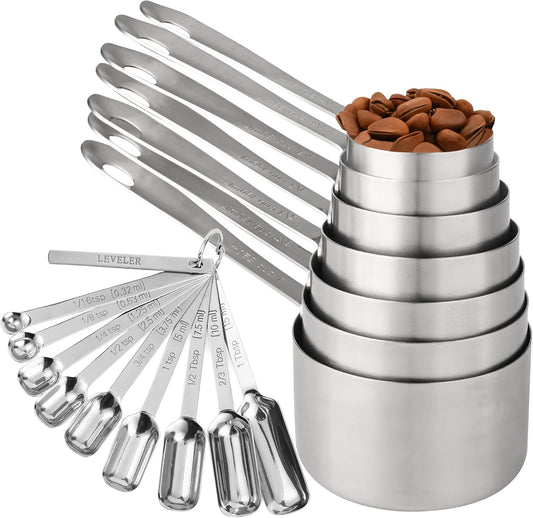 Measuring Cups and Spoons Set 17, 7 Stainless Steel Measuring Cup Set, 9 Spice Long Measuring Spoons with 1 Leveler for