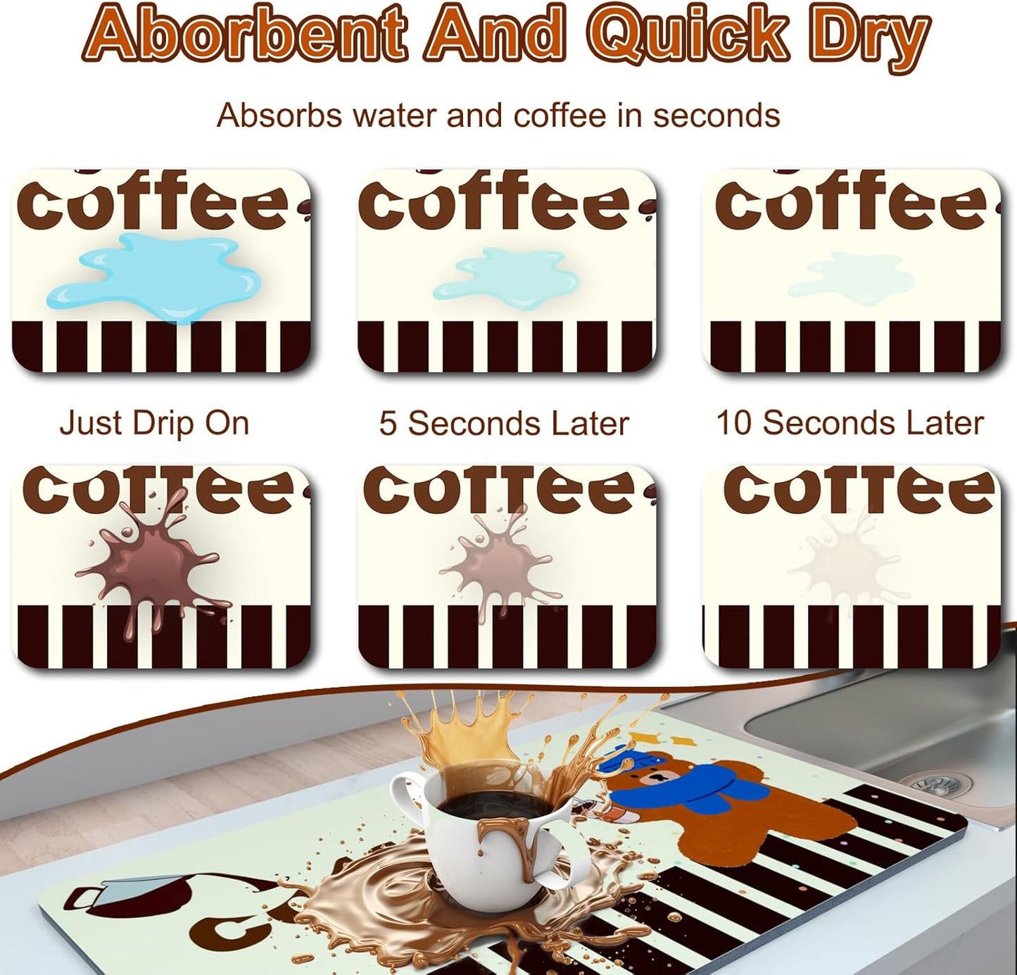 Coffee Maker Mat for Countertops, 12" X 20" Absorbent Dish Drying Mat for Kitchen Counter, Easy to Clean Kitchen Drying Matt Rubber Backing, Fit Under Coffee Espresso Machine Pot Dish Rack