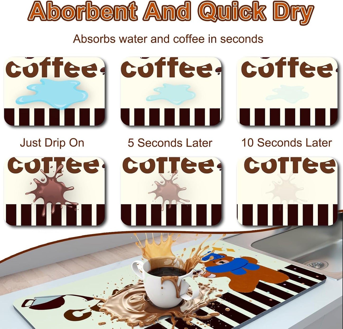 Coffee Bar Mat for Espresso Machine, 12" X 20" Dish Drying Mat for Kitchen Counter, Quick Dry Waterproof and Stain-Resistant Countertop Protector for Coffee Maker, Cups &amp; Dishes, Bear Coffee