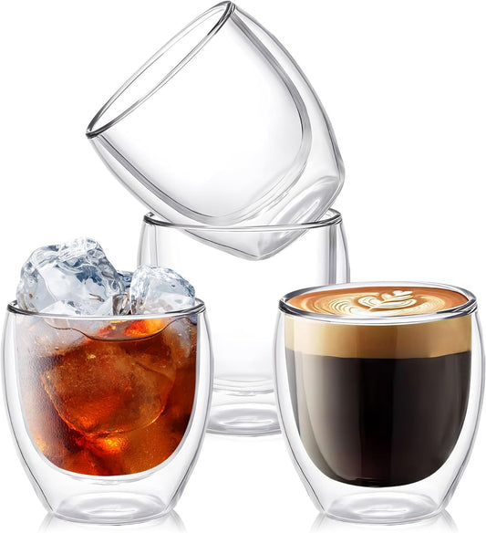 Set of 4 Double Walled Glass Coffee Mugs 8 Ounces Insulated Layer Coffee Cups Borosilicate Glass Espresso Cup for Hot