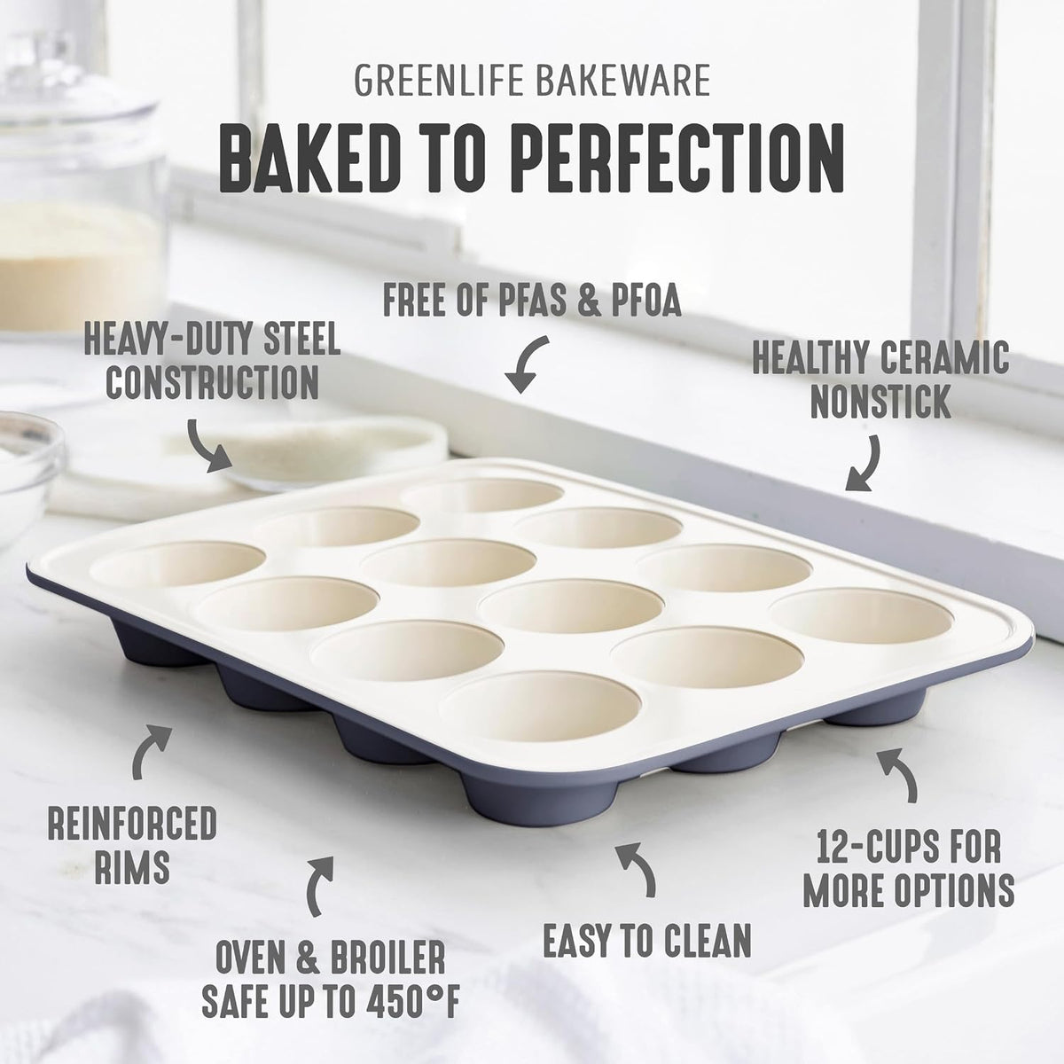 GreenLife 12 Cup Ceramic Nonstick Muffin Pan, Black | 11.4" x 1.9" x 15.9", PFAS-Free Nonstick, Cupcake Tin, Easy Release, Even Heating, Wipe Clean, Heavy Duty, Warp Resistant
