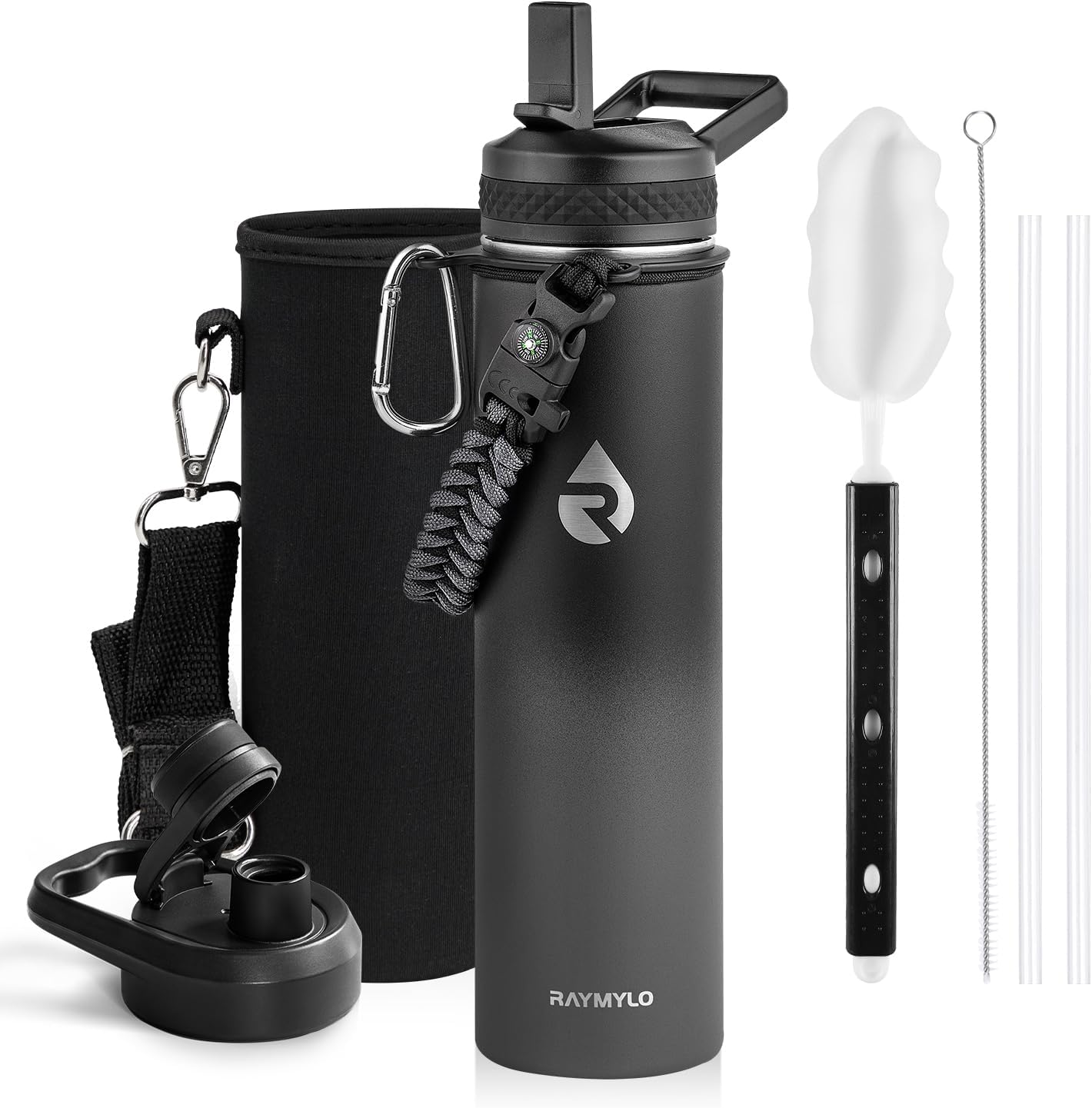 Insulated Water Bottle 24oz, Triple Wall Vacuum Stainless Steel (Cold for 48 Hrs, Hot for 24Hrs), Leak Proof & Non-BPA, 24oz Hydro Water Flask with Paracord Handle & Straw Spout Lids