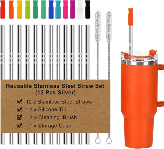 Newly Upgraded 8.5In Reusable Stainless Steel Straws Set 12 PCS with 12 Silicone Tips, 2 Straw Brush, 1 Storage Case, BPA