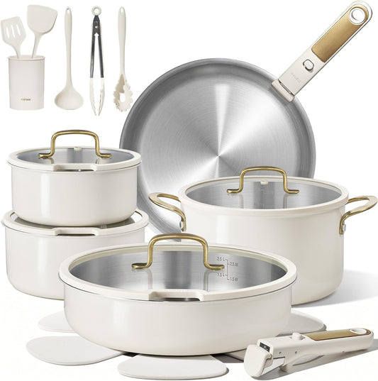 CAROTE 21pcs Tri-Ply Stainless Steel Cookware Set with Detachable Handle | Pots and Pans Set, Even Heating, Non-Toxic, I