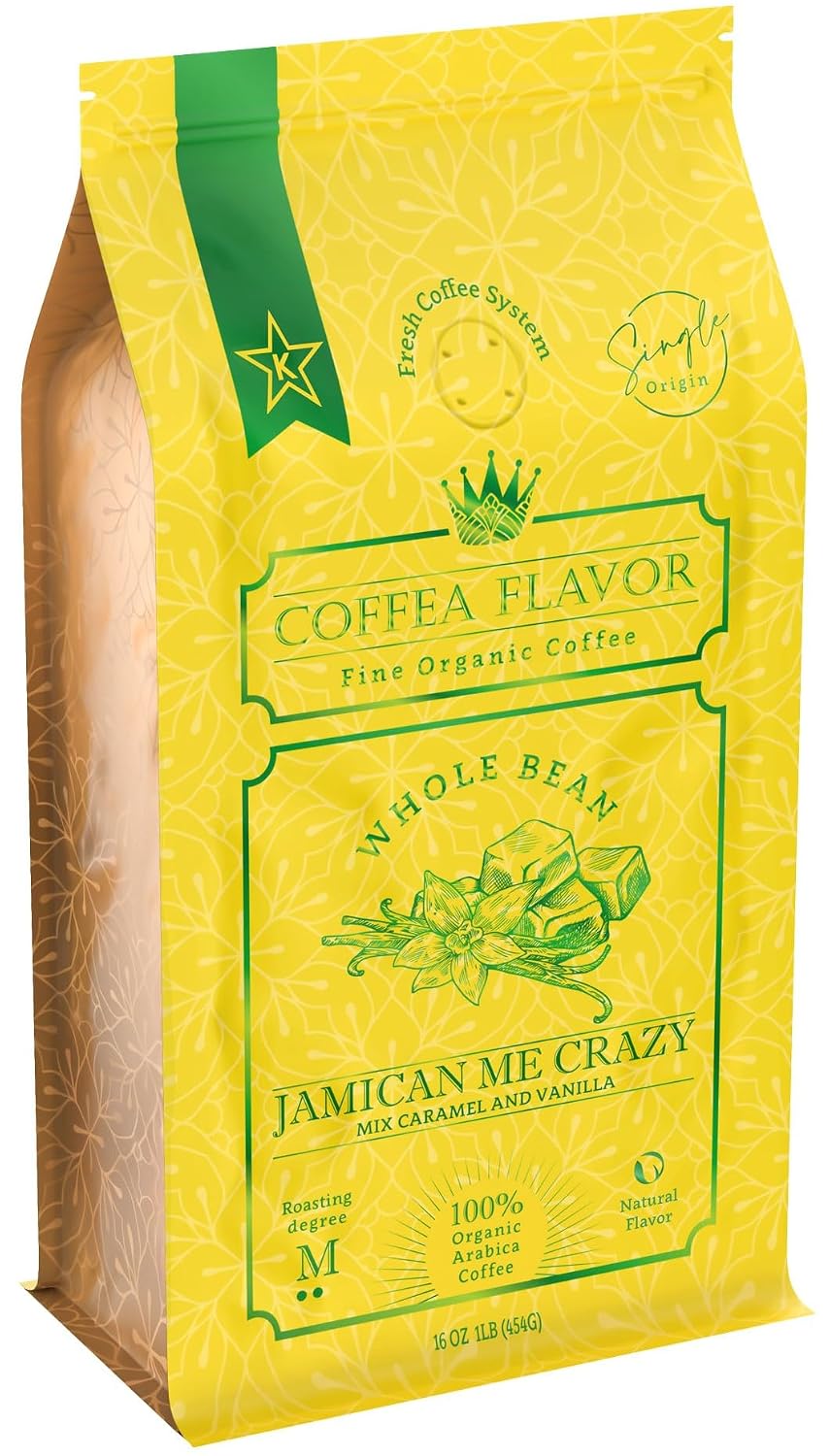 Organic Whole Bean Coffee Medium Roast (16oz) - Jamican Me Crazy Flavored | 100% Arabica, Single Origin and Low Acid - USDA Organic and Fair Trade Certified - Naturally Flavored Without Additives