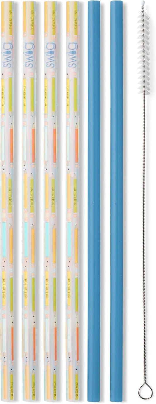 Swig Life Reusable Straws Teacher Life + Blue Tall Straw Set & Cleaning Brush, Each Straw is 10.25 inch Long (Fits Swig Life