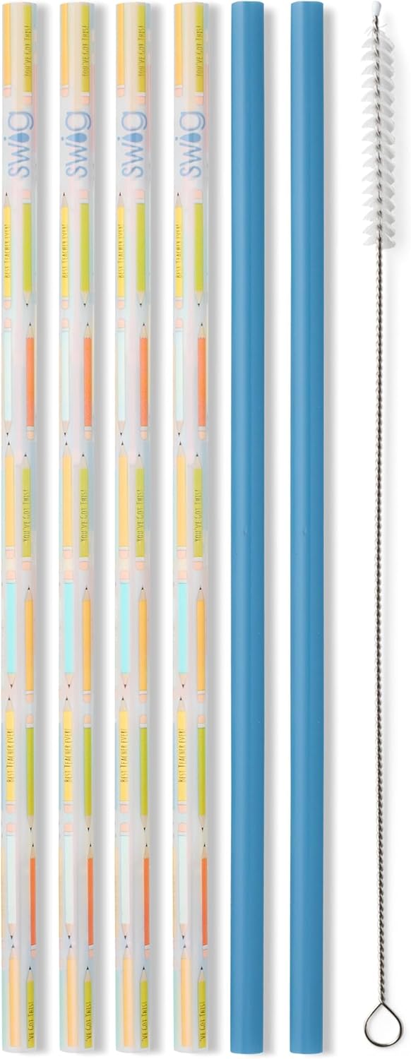 Swig Life Reusable Straw Set with Cleaning Brush, Teacher Life | Reusable Straw Set - Cleaning Brush Included - 14 Inch Long - Accessories for Cups &amp; Mugs