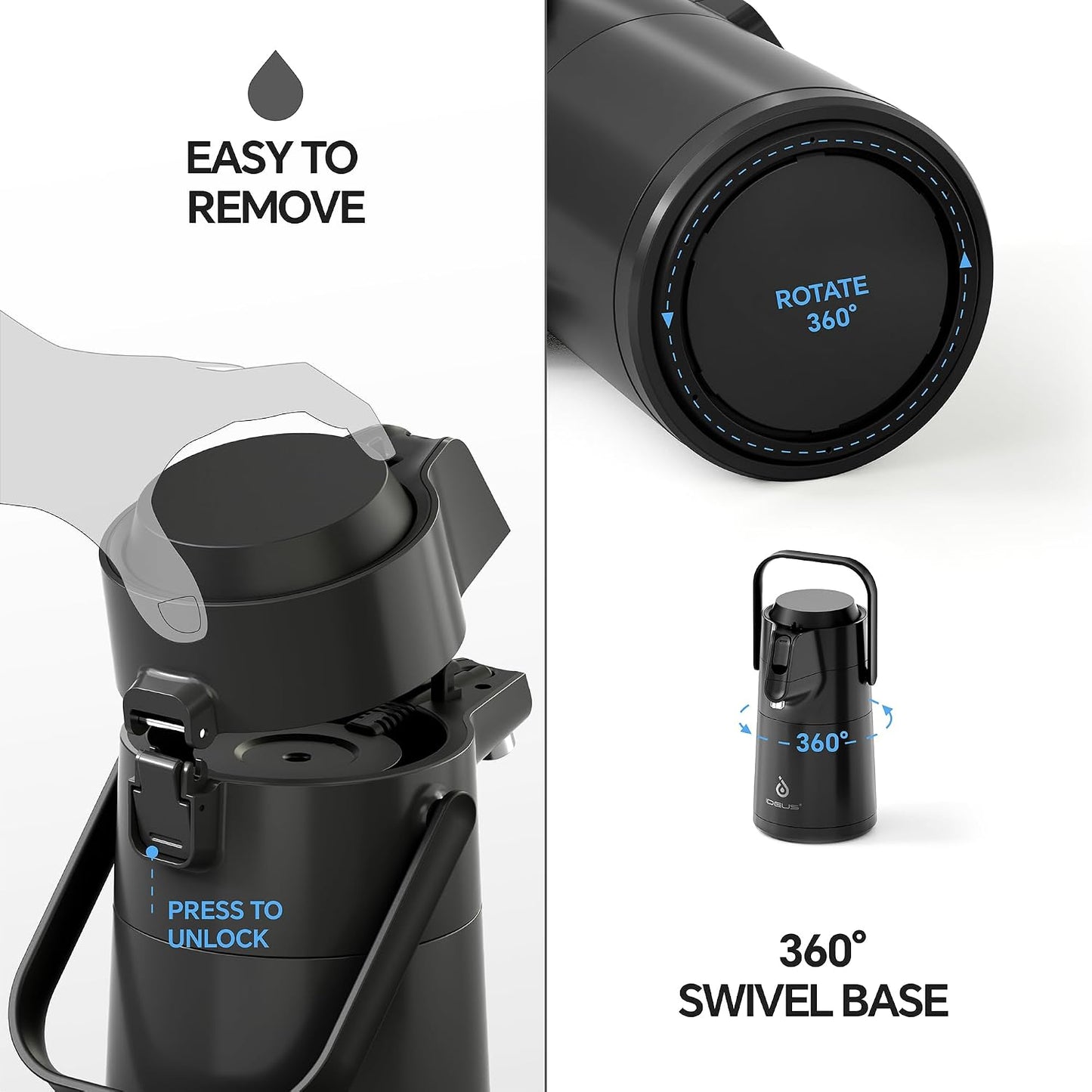 IDEUS Thermal Coffee Carafe 68oz, Airpot Beverage Dispenser Black | Stainless Steel Double Wall Vacuum Insulation Coffee Server, Coffee Carafe for Keeping Hot and Cold